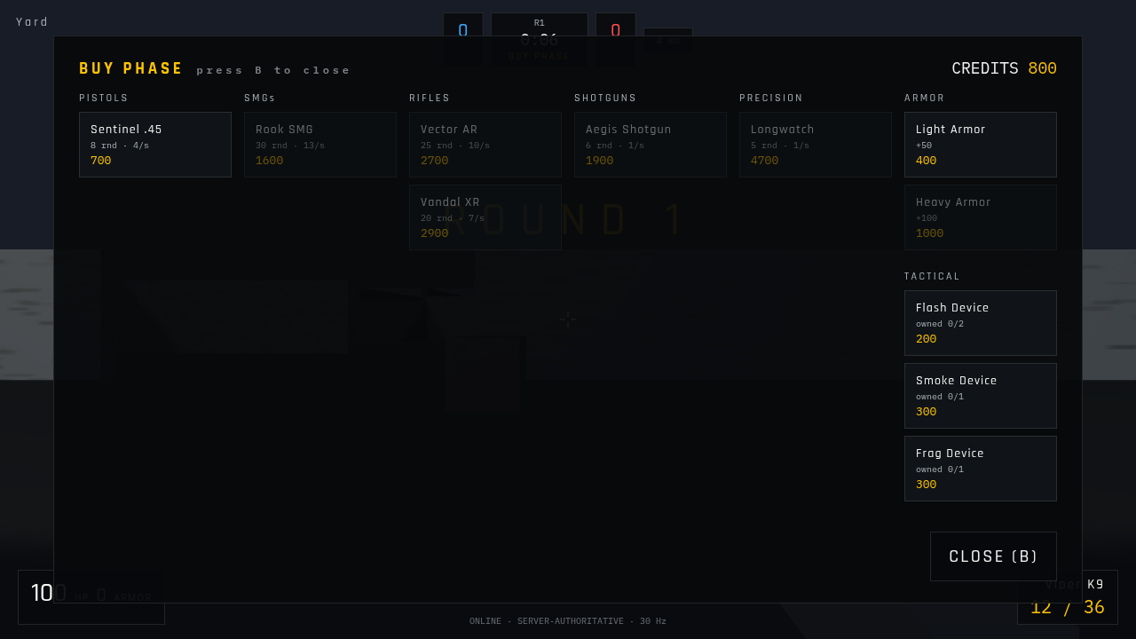 The full-screen buy menu with all seven weapons